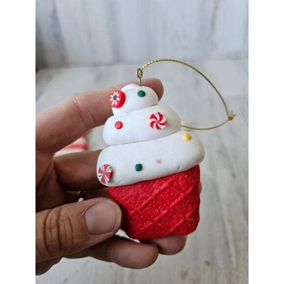 Candy cupcake vintage ornament red white set Xmas tree - Picture 3 of 9